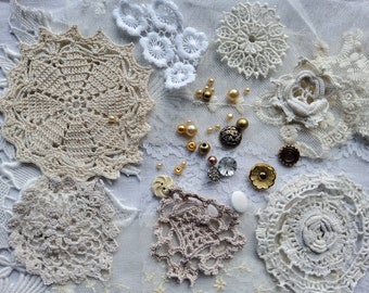 Selection of Vintage Lace, Doily Pieces, Beads and Buttons, Flower making, Sewing, Slow Stitching, Journaling, Arts Nr.3