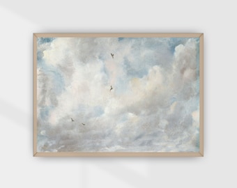 Flying Birds / Soft Clouds / White Sky / Cloud Study / Vintage Art / Oil Painting / Pastel Color / Downloadable Print / Printable Wall Art