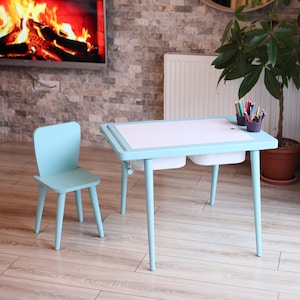 Turquoise Montessori Table Set – Wooden Sensory Activity Table and Chair – 100% Birch Wood