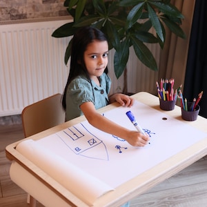 Gift For Kids, Birtday Gift, Sensory Table, Wood Activity Table, Montessori Table and Chair Set, Chalk board and Whiteboard, Play Table image 4