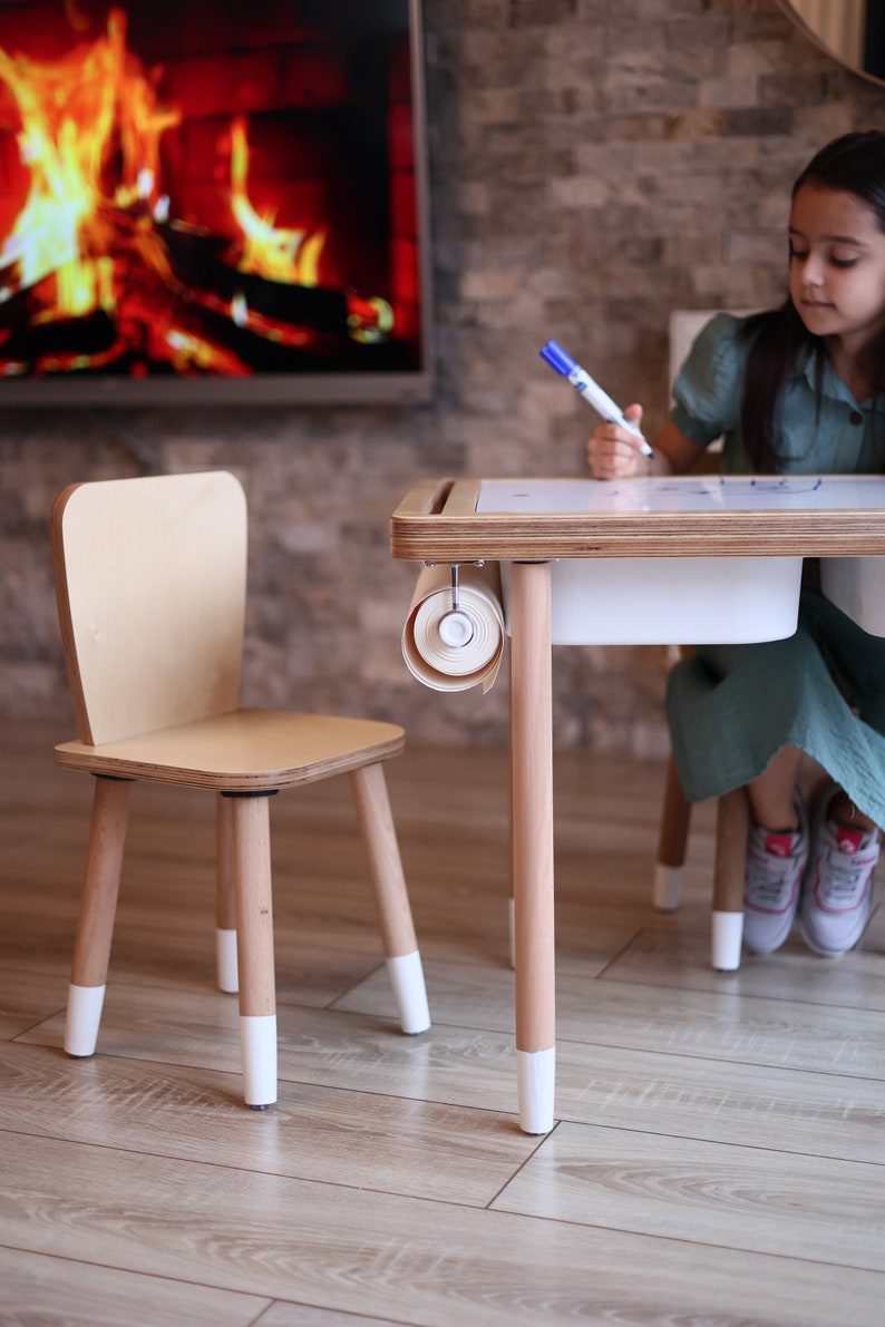 Gift For Kids, Birtday Gift, Sensory Table, Wood Activity Table, Montessori Table and Chair Set, Chalk board and Whiteboard, Play Table image 5