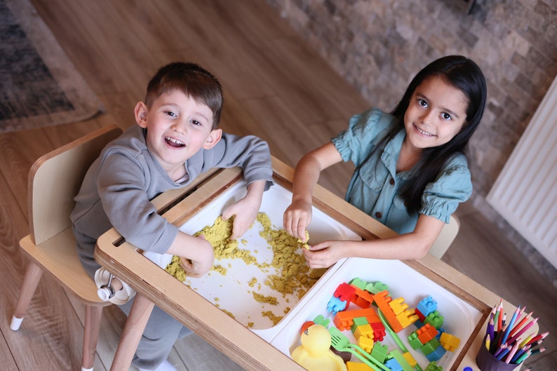 Activity Table, Learning Montessori, Inspired Wooden Sensory bin Table,Chair Set,Chalkboard,Whiteboard, Birtday Gift, Sensory and play Table image 7