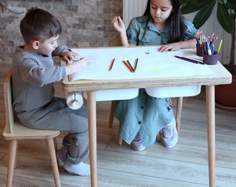 Wooden Kids Arts and Crafts Table, Montessori Sensory Play Table with Chair, Solid Birch Wood Childrens Desk with Cup Holder, Playroom Decor