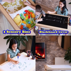 Gift For Kids, Birtday Gift, Sensory Table, Wood Activity Table, Montessori Table and Chair Set, Chalk board and Whiteboard, Play Table image 2