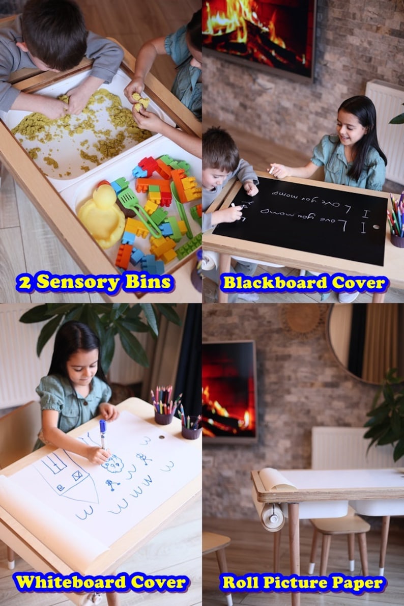 Gift For Kids, Birtday Gift, Sensory Table, Wood Activity Table, Montessori Table and Chair Set, Chalk board and Whiteboard, Play Table image 2