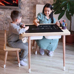 Montessori Sensory Table with Chair | Activity Table | Chalkboard Whiteboard | 100% Birch Wood
