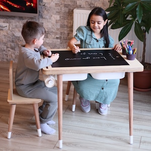 Gift For Kids, Birtday Gift, Sensory Table, Wood Activity Table, Montessori Table and Chair Set, Chalk board and Whiteboard, Play Table image 1