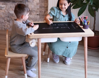 Gift For Toddler, Birthday Gift, Sensory Table, Wood Activity Table, Montessori Table and Chair Set, Chalk board and Whiteboard, Play Table