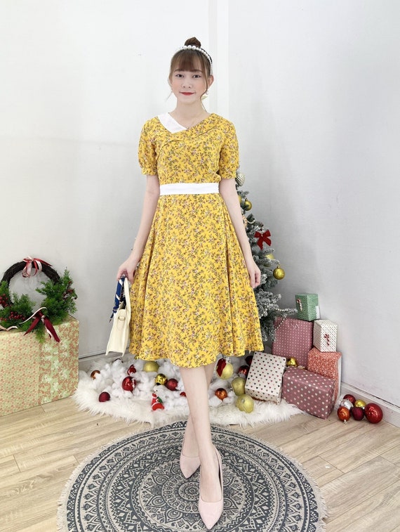 Short-sleeve Floral Mango Silk Dress 