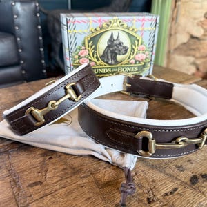 Padded Leather Dog Collar, Brass Horse Bit, Brown Bridle Equestrian Style Hand Made