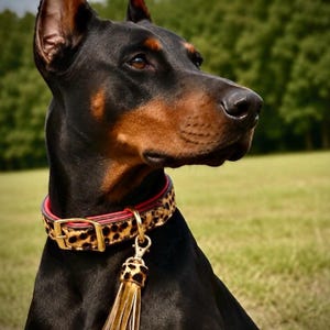 Leopard Print Hair-on-Hide Leather Dog Collar – Red Napa Padding, Brass Hardware, Tassel