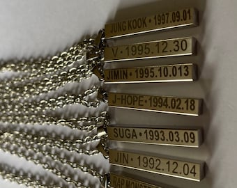 KPOP 7 Boyband BTS roestvrij staal gegraveerd met naam Bar Chain ketting sieraden - namen en geboortedatum