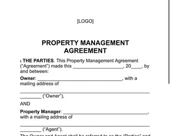 May include: A property management agreement form with sections for the parties, appointment of agent, term, right to terminate, and leasing. The form includes check boxes for different options and blank spaces for filling in details.