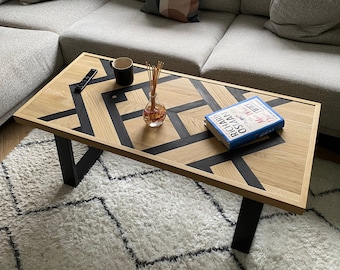 Chevron Oak Coffee Table, Geometric, Herringbone, Mid century with Black legs