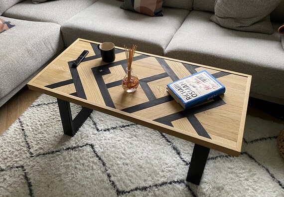 The Dream Bespoke Chevron Oak Coffee Table Geometric Herringbone Mid Century With Black Legs Etsy
