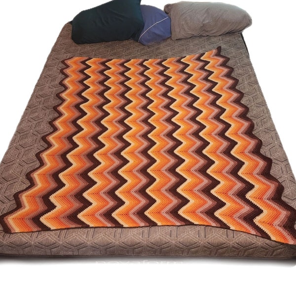 Vintage Crochet Blanket 70s Hippie Boho Handsewn Chevron Afghan Throw Twin Bed