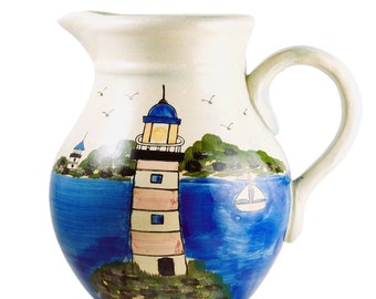 Nautical Themed Large Pitcher Coastal Beach House Lighthouse WCL Pottery Ceramic
