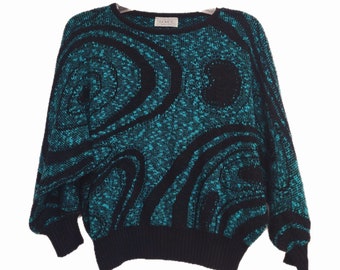Vintage Graphic Dolman Sweater Turquoise Black Swirl 90s Vtg Womens Size M L