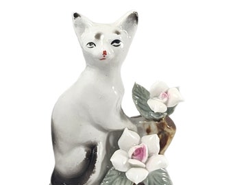 ヴィンテージ 猫の置物 シャム 白 黒 ミニチュア 陶器 磁器 ミニ 