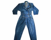 Vintage 80s Jean Jumpsuit Denim Coverall Workwear Bodysuit Med Wash Pleated Sm