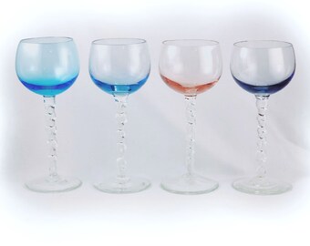 Vintage Cocktail Coupe Glass 4 Set Rainbow Colors Twisted Stem Champagne Glasses