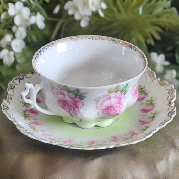 Antique MZ Austria Pink Rose Teacup and Saucer W/ Heart Shaped