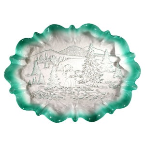Mikasa Glass Tray Platter Christmas Carol Oval Frosted Green Serving Dish Plate