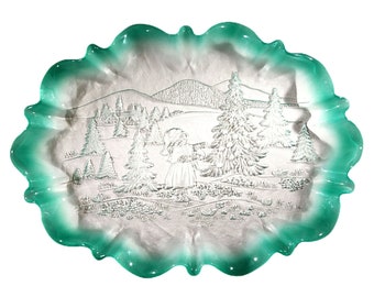 Mikasa Glass Tray Platter Christmas Carol Oval Frosted Green Serving Dish Plate