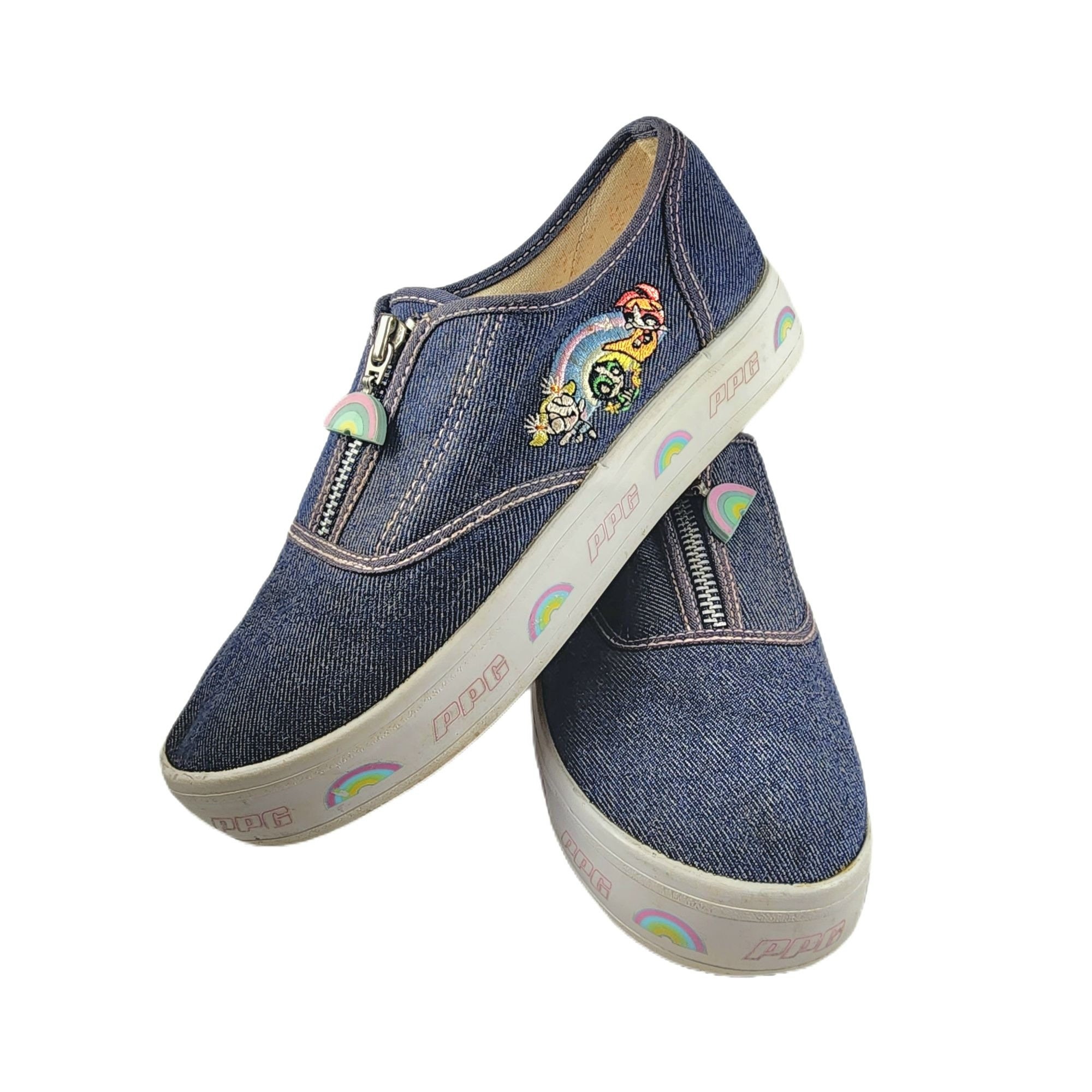 Vintage Powerpuff Girls Denim Shoes Embroidered Characters Zip 90s
