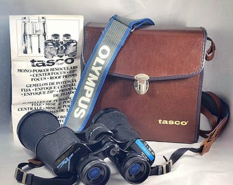 Tasco Zip Binoculars 10x50 Fully Coated w/ Leather Carrying Case Plus Vintage Olympus Camera Strap Lot