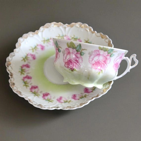 Antique MZ Austria Pink Rose Teacup and Saucer W/ Heart Shaped