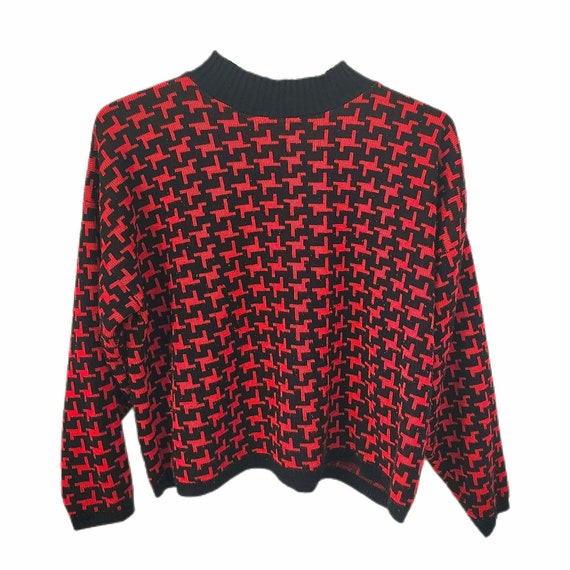 90s Houndstooth Mock Turtleneck Sweater Red Black Vin… - Gem