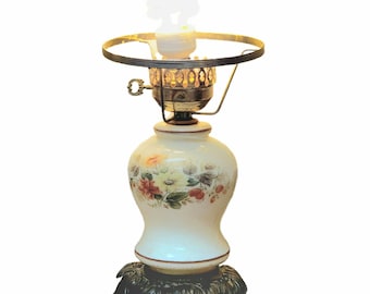 Vintage GWTW Hurricane Table Lamp Wild Flowers Glass Brass Large Metal Antique