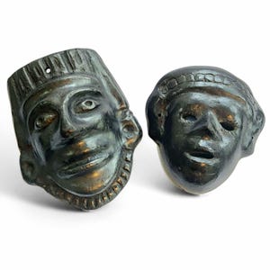 Vintage Mexican Clay Face Masks Set Folk Art Barro Negro Handcrafted Wall Decor
