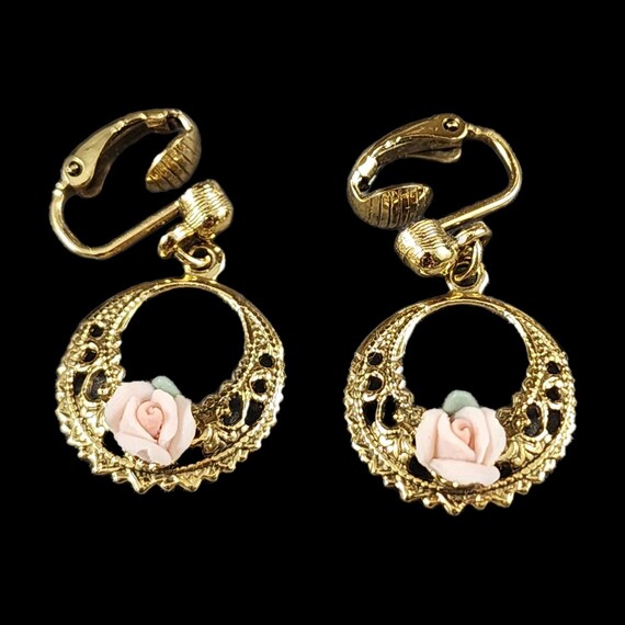 Boucles D'oreilles Clips Vintage Années 60 - Roses En Porcelaine, Monture Laiton Doré, 24mm