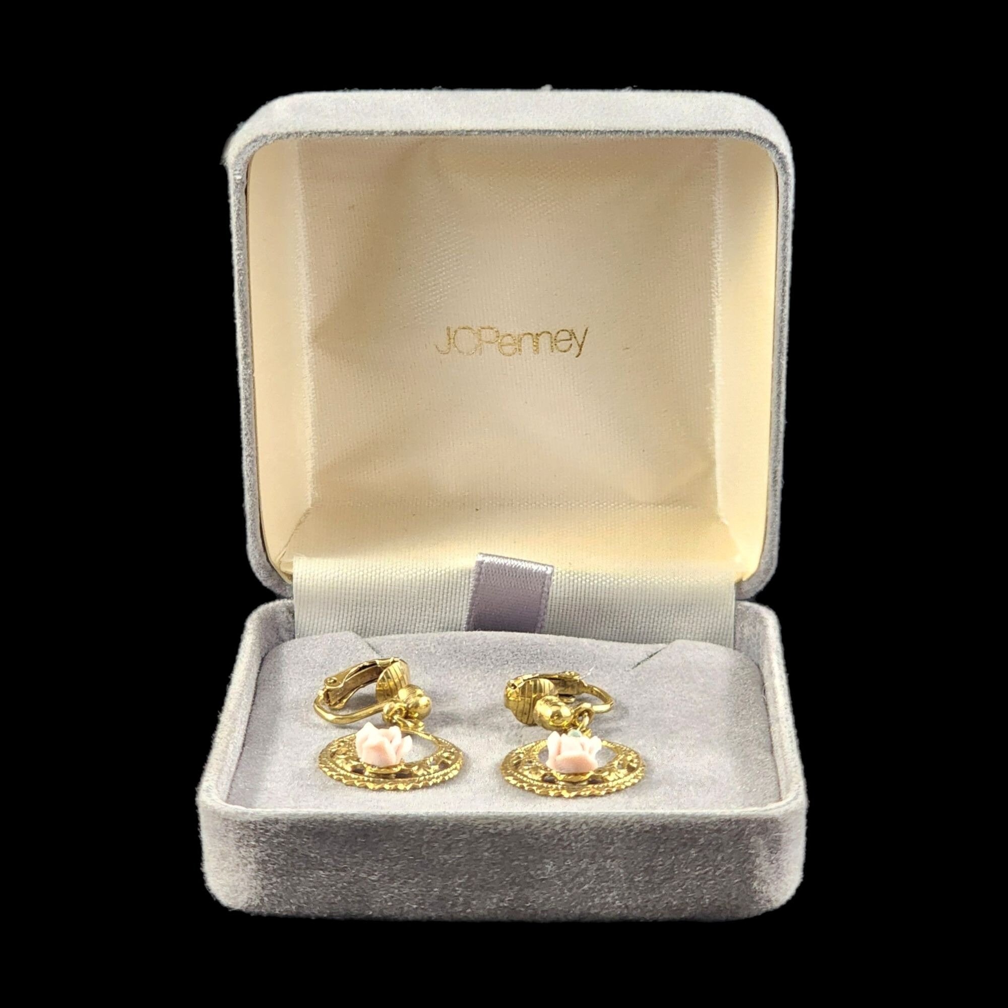 Boucles D'oreilles Clips Vintage Années 60 - Roses En Porcelaine Sur Monture Laiton Doré - Diamètre 24mm