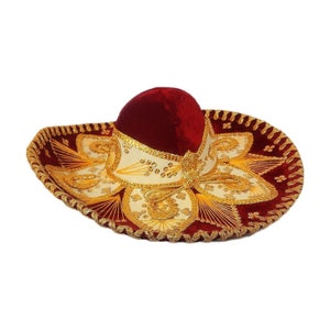 Vintage Pigalle Mexican Sombrero Mariachi Hat Western Charro Red Gold Vtg Lg 20" Mens Womens Gender Neutral Unisex