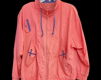 Vintage Womens Jacket 80s 90s Windbreaker Lightweight Coat Pink Purple Trim L/XL