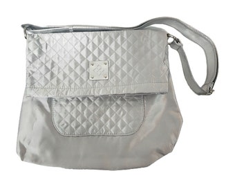 Y2K Vintage Silver Purse Shiny Quilted Handbag Tote Cosmetic Bag HSN Crossbody