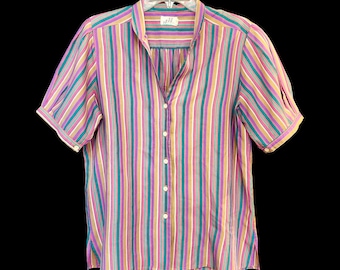 Womens Vintage Shirt Colorful Bright Rainbow Striped Blouse Size M-L Funky Retro