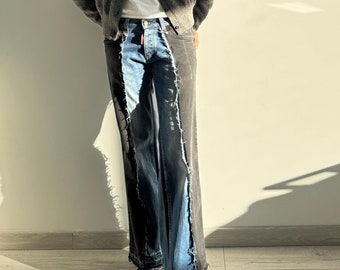 Dual-Toned Denim Upcycled Jeans: Unique Sustainable Clothing.