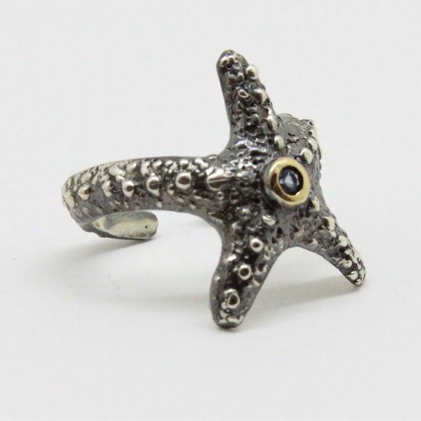 Adjustable 925 Sterling Silver Star fish Ring for Women, Oxidized Beach Summer Statement Jewelry, Silver Starfish ring