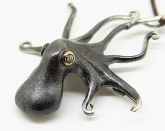 925 Sterling Silber Octopus Halskette Brosche und Anhänger: Oxidierter Zirkon Akzent