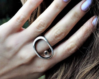Adjustable mid century modern ring with stones, Silver chunky fantasy art ring, Grunge jewelry for women