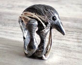 May include: A silver ring with a detailed raven design. The raven's head is facing to the right, and the ring is made to look like the raven's claws are wrapped around the wearer's finger. The raven has a black body and a black eye.