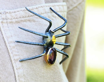 Broche de araña de plata de ley 925 hecho a mano, broche de araña de plata con piedra preciosa, broche de araña grande para mujer, regalos de Dark Academia