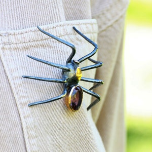 Handmade 925 Sterling Silver Spider Brooch, Silver Spider Pin with Gemstone, Women Large Spider Brooch, Dark Academia Gifts