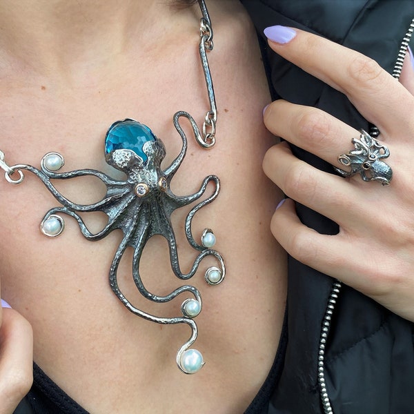 GIANT 925 Sterling Silver Octopus Necklace, Nautical Themed Jewelry with Stone, Gift for Ocean Lover Womens, Octopus Jewerly for Woman