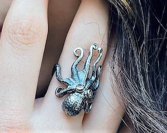 Adjustable 925 Sterling Silver Octopus Ring for Women, Halloween Jewelry