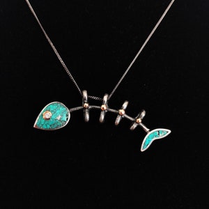 Handmade 925 Sterling Silver Fish Bone Pendant with Turquoise Stones, Fantasy Jewelry, Nautical Themed Necklace Pendant for Women